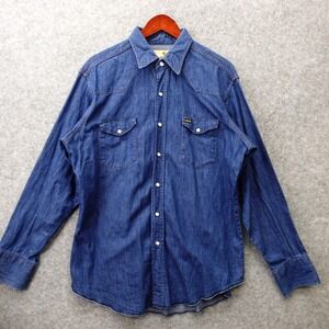 Vintage Denim Western Shirt Mens L Blue MAVERICK Pearl Snap Long Tail USA 70s